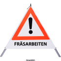 Faltsignal - Gefahrenstelle mit Text: FRÄSARBEITEN