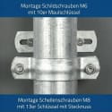 Rohrschelle aus Metall montiert an Rohr mit Schildschrauben M6 und Maulschlüssel 10er sowie Schellenschrauben M8 mit 13er Schlüssel und Stecknuss