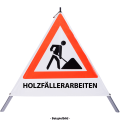 Faltsignal - Baustelle mit Text: HOLZFÄLLERARBEITEN Faltsignal - Baustelle mit Text: HOLZFÄLLERARBEITEN