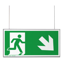 RIO Deckenhänger papierflexibel Notausgangsschild mit grünem Hintergrund und weißem Fluchtwegesymbol nach rechts unten