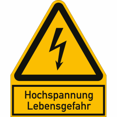 Warnschild Hochspannung Lebensgefahr mit Blitzsymbol auf gelbem Hintergrund