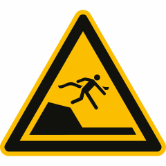 Warnschild Warnung vor unvermittelter Tiefenänderung in Schwimm- oder Freizeitbecken nach ISO 20712-1 mit Symbol einer Person am Abgrund