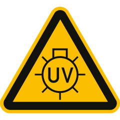 Warnschild vor UV-Strahlung mit gelbem Dreieck und schwarzem Rand