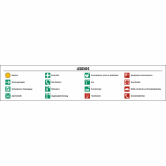 Aufkleber Legende mit Symbolen für Fluchtwegplan nach alter Version mit Standort, Richtungsangabe, Rettungsweg, Sammelstelle, Erste Hilfe, Notruftelefon, Notdusche, Augenspüleinrichtung, automatisierter externer Defibrillator, Arzt, Krankentrage, Feuerlös