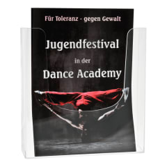Transparenter Prospektständer für Wandmontage mit Flyer Jugendfestival in der Dance Academy