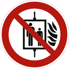 Schild Aufzug im Brandfall nicht benutzen nach ISO 7010 P 020 mit rotem Verbotssymbol und Flammen