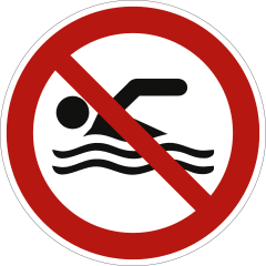 Verkehrsschild Schwimmen verboten mit rotem Verbotssymbol und Schwimmer-Piktogramm nach ISO 20712-1