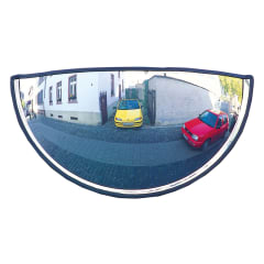 Beobachtungsspiegel HORIZONT mit Sicht auf drei Richtungen, zeigt gelbes und rotes Auto in einer engen Gasse