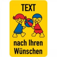 Spielplatzschild mit zwei spielenden Kindern, Text nach Ihren Wünschen, gelber Hintergrund