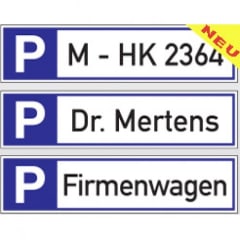 Parkplatzreservierer mit Wunschtext, drei Varianten mit Parksymbol und individuellen Texten wie M - HK 2364, Dr. Mertens und Firmenwagen