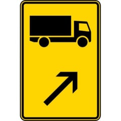 Wegweiser Verkehrsschild für KFZ über 3,5 Tonnen mit rechts einordnen Pfeil