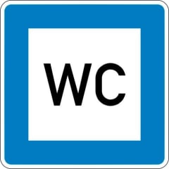 Verkehrsschild Toilette VZ 365-58 mit WC Symbol auf blauem Hintergrund
