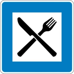 Verkehrsschild Autobahngasthaus VZ 365-56 mit Messer und Gabel Symbol auf blauem Hintergrund