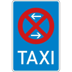 Verkehrsschild Taxenstand Mitte Rechtsaufstellung VZ 229-30 mit blauem Hintergrund, rotem Verbotssymbol und weißem Schriftzug TAXI