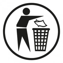 Aufkleber SAUBERMÄNNCHEN Symbol einer Person, die Papier in einen Mülleimer wirft, schwarz-weiß
