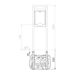 Technische Zeichnung Sockel zum Einbetonieren für Hundetoilette mit Rohrrahmen und Stand-Abfallbehälter mit Halbkugeldach mit Maßen