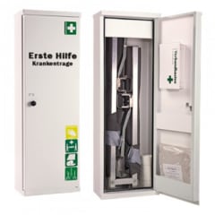 Stehschrank Novoline 3 mit geöffneter Tür, Erste Hilfe Krankentrage und Thermodecken von Söhngen