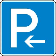 Verkehrsschild Parken Anfang Rechtsaufstellung und Parken Ende Linksaufstellung VZ 314-10 blau mit weißem P und Pfeil nach links