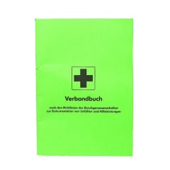 Grünes Verbandbuch zur Dokumentation von Unfällen und Hilfeleistungen mit schwarzem Kreuz