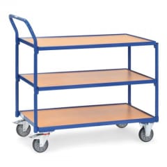 Leichter Tischwagen mit 3 Holzböden und schrägem Schiebegriff  - Tragkraft 250 kg