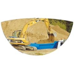 Rückspiegel für Baumaschinen mit Fahrerkabine zeigt Bagger und LKW auf Baustelle zur Überprüfung von 3 Richtungen