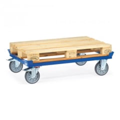 FETRA Paletten-Fahrgestell 22799 mit TPE-Bereifung und Tragkraft 750 kg, blaue Metallrahmen mit Holzpalette