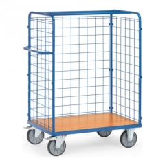 FETRA Paketwagen 8481-1 mit blauen Drahtgitterwänden, Gesamthöhe 1500 mm, Tragkraft 600 kg, vier Lenkrollen, Holzboden