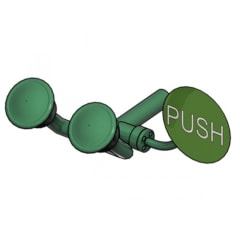 Augendusche mit zwei abgewinkelten grünen Brauseköpfen und grünem Push-Knopf zur Wandmontage Unterputz