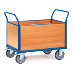 Plattformwagen mit Holzwänden eurokraft pro: Vollelastik-Rollen, 3 halbhohe Wände