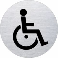Piktogramm Rollstuhlfahrer rund Motiv 2 schwarzes Symbol auf silbernem Hintergrund