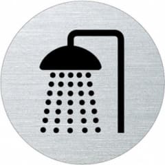 Rundes Piktogramm mit Dusche und Wasserstrahlen auf Metallhintergrund