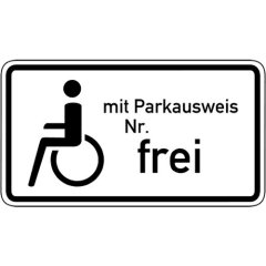 Verkehrsschild für Schwerbehinderte mit Parkausweis Nr. frei, Rollstuhlsymbol auf weißem Hintergrund