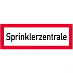 Schild mit der Aufschrift Sprinklerzentrale in schwarzer Schrift auf weißem Hintergrund mit rotem Rahmen
