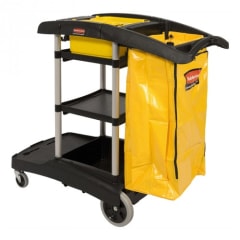 Reinigungswagen HIGH CAPACITY von Rubbermaid mit gelbem Müllsack und mehreren Ablageflächen