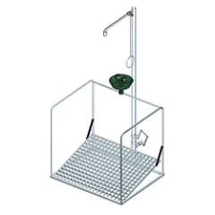 Notdusche mit Zugstange und Augendusche mit Auffangbecken und umliegendem Schutzkorb Notdusche mit Zugstange und Augendusche mit Auffangbecken und umliegendem Schutzkorb
