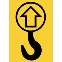 Schwarzer Haken mit Aufwärtspfeil in Kreis auf gelbem Hintergrund, Anhebungspunkt Lift Point Symbol