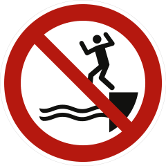 Verbotszeichen In das Wasser springen verboten nach ISO 20712-1 mit rotem Kreis und durchgestrichenem Symbol einer Person, die vom Ufer ins Wasser springt
