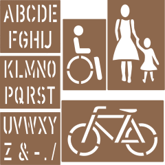 Schablonensatz 3 mit 6 Teilen bestehend aus Buchstaben A bis Z, Sonderzeichen und Symbolen für Rollstuhl, Frau mit Kind und Fahrrad