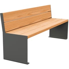 Moderne Sitzbank Kube mit Sitzfläche und Rückenlehne aus hellem Eichenholz und Seitenwangen aus grauem Metall