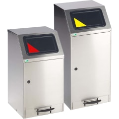 Wertstoff-Sammler WSG 45 und 75 aus Edelstahl mit selbstlöschenden Einwurfklappen in rot und gelb