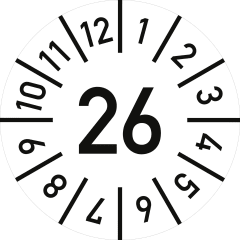 Prüfplakette zur Werkzeugkennzeichnung mit der Zahl 26 und Monatsangaben von 1 bis 12