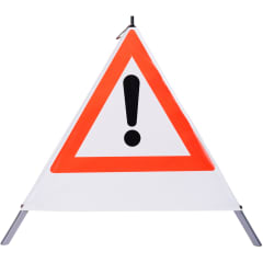 Faltsignal mit rotem Dreieck und schwarzem Ausrufezeichen als Warnung vor Gefahrenstelle ohne Text