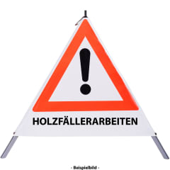 Faltsignal - Gefahrenstelle mit Text: HOLZFÄLLERARBEITEN Faltsignal - Gefahrenstelle mit Text: HOLZFÄLLERARBEITEN
