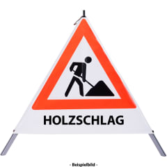 Faltsignal Baustelle mit rotem Dreieck und schwarzer Figur mit Schaufel, Text HOLZSCHLAG