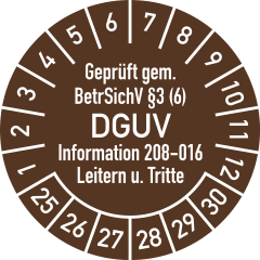 Prüfplaketten - Geprüft gem. BetrSichV §3 (6) DGUV Information 208-016 Prüfplaketten - Geprüft gem. BetrSichV §3 (6) DGUV Information 208-016