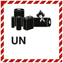 Gefahrzettel für Lithium-Batterien mit Symbolen von Batterien und Flamme, rot-weißer Rand