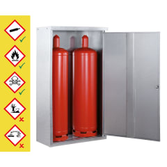 Gasflaschenschrank aus Stahl mit offenem Tür für 11 kg und 33 kg Propangasflaschen, zwei rote Gasflaschen sichtbar