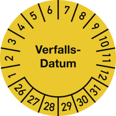 Gelbe Prüfplakette mit Verfalls-Datum und Zahlen von 1 bis 31 sowie 1 bis 12