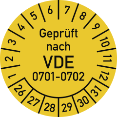 Prüfplakette Geprüft nach VDE 0701-0702 mit Monats- und Tagesangaben in Gelb
