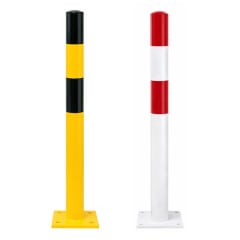 Rammschutzpoller WACHTWERK X aus Stahl in den Farben Gelb-Schwarz und Weiß-Rot mit Bodenplatte